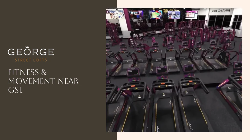 Gym interior with rows of treadmills titled "Fitness & Movement Near GSL."