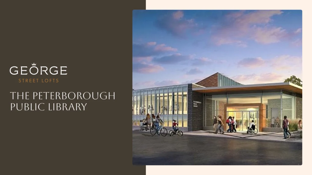 External view of the Peterborough Public Library at dusk, showcasing its contemporary design, glass facade, and a lively sidewalk scene with visitors.
